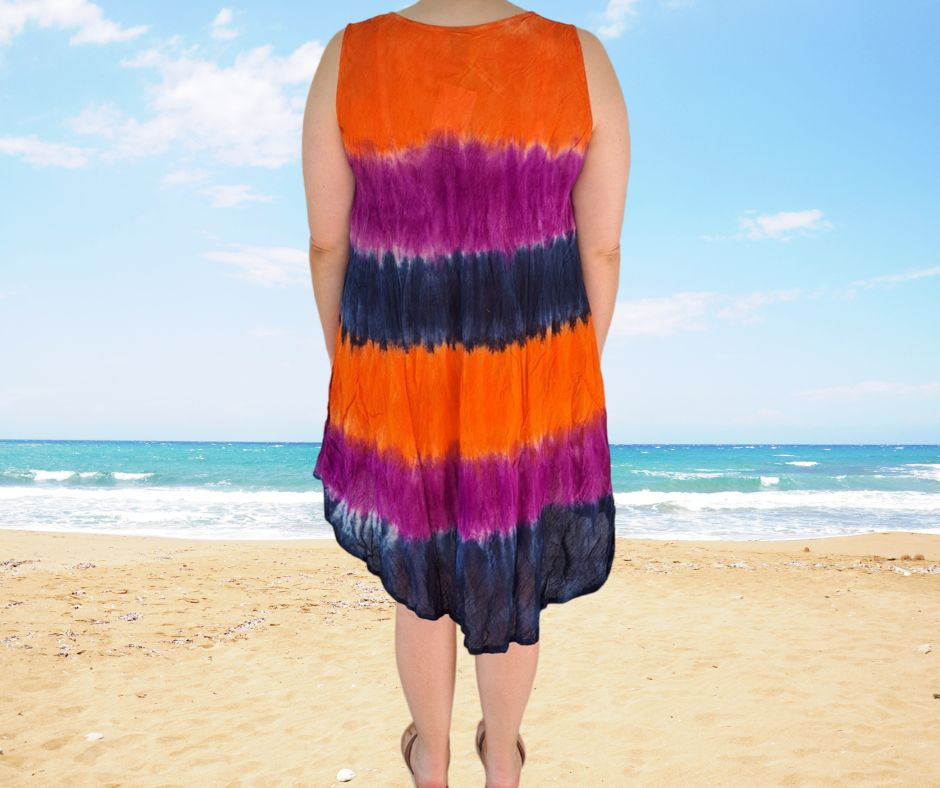 Thumbnail: WHSL Orange, Purple & Black Tie-dye Tribal Hippie Curvy Beach Dress
