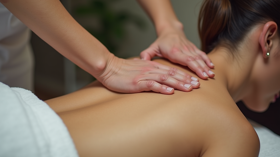 Close-up view of a massage therapist’s hands performing gentle strokes on a client’s back