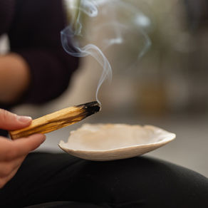 Palo santo burning and smoking over a shell.