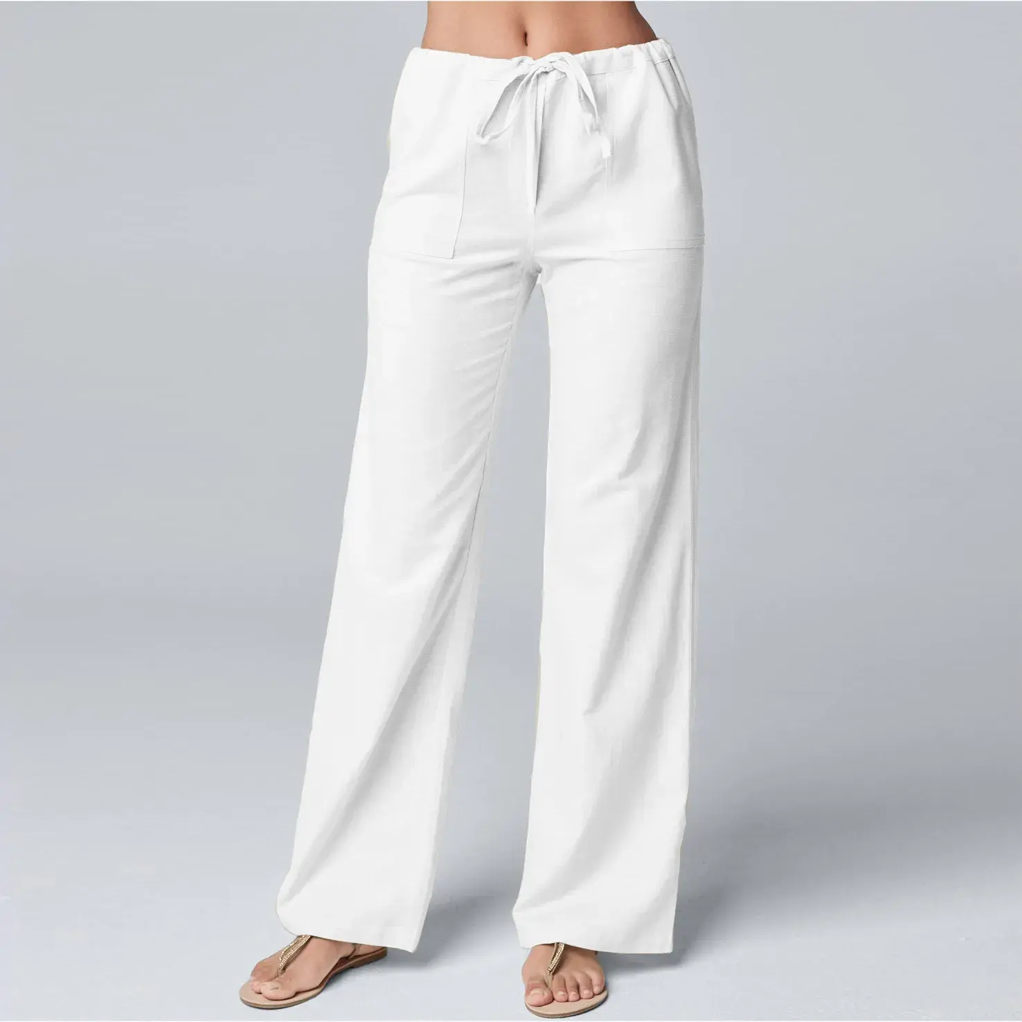 Women Cotton Linen Wide-Leg High Waist Stretch Straight Casual Pants