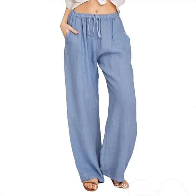 Thumbnail: Women Cotton Linen Wide-Leg High Waist Stretch Straight Casual Pants