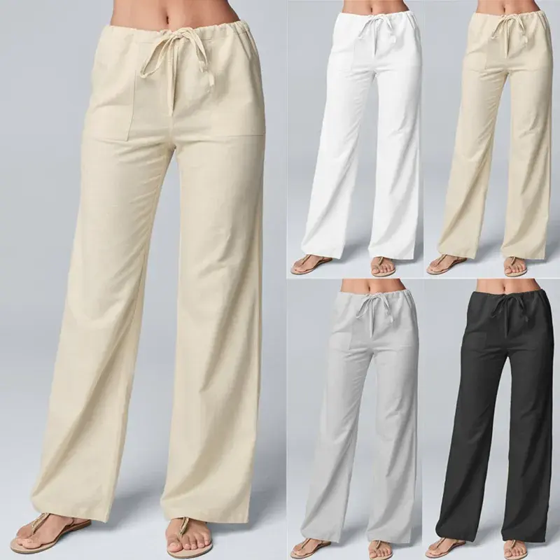 Thumbnail: Women Cotton Linen Wide-Leg High Waist Stretch Straight Casual Pants