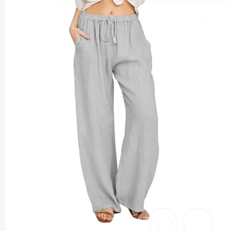 Thumbnail: Women Cotton Linen Wide-Leg High Waist Stretch Straight Casual Pants