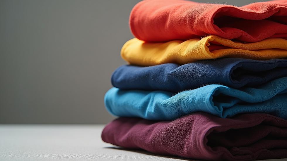 Close-up view of a folded stack of streetwear t-shirts in various colors