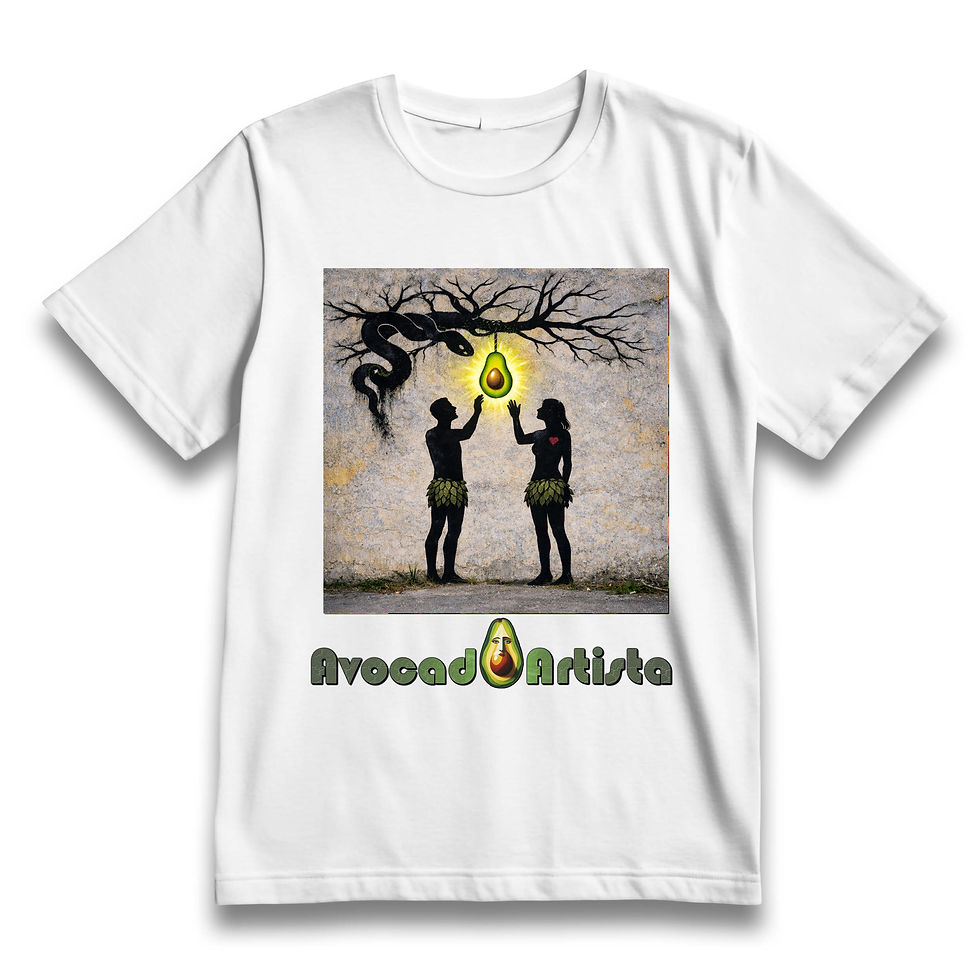 Adamo ed Eva in silhouette tendono la mano verso il frutto proibito che non è mela, ma l'avocado
