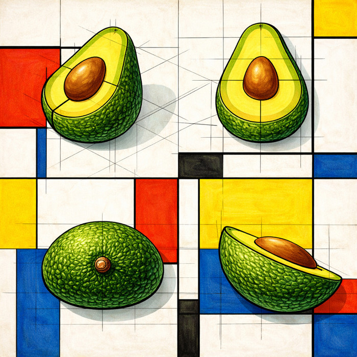 Avocado rappresentato in diverse viste come proiezioni ortogonali