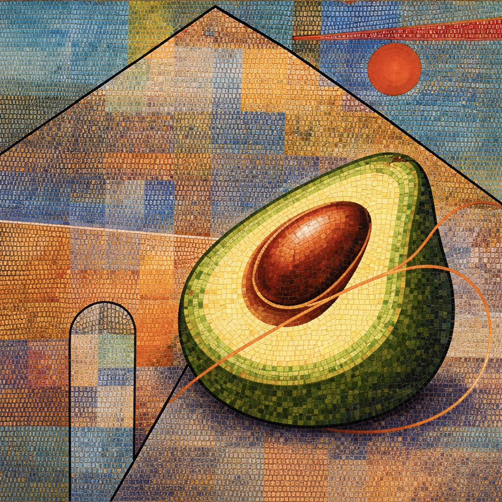 Avocado stilizzato a mosaico in stile Paul Klee