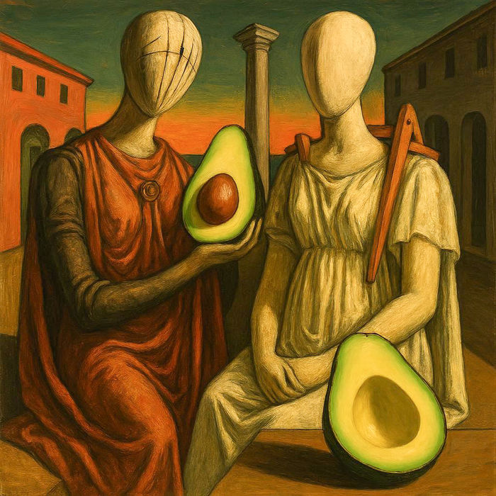 Figure di De Chirico che custodiscono un avocado