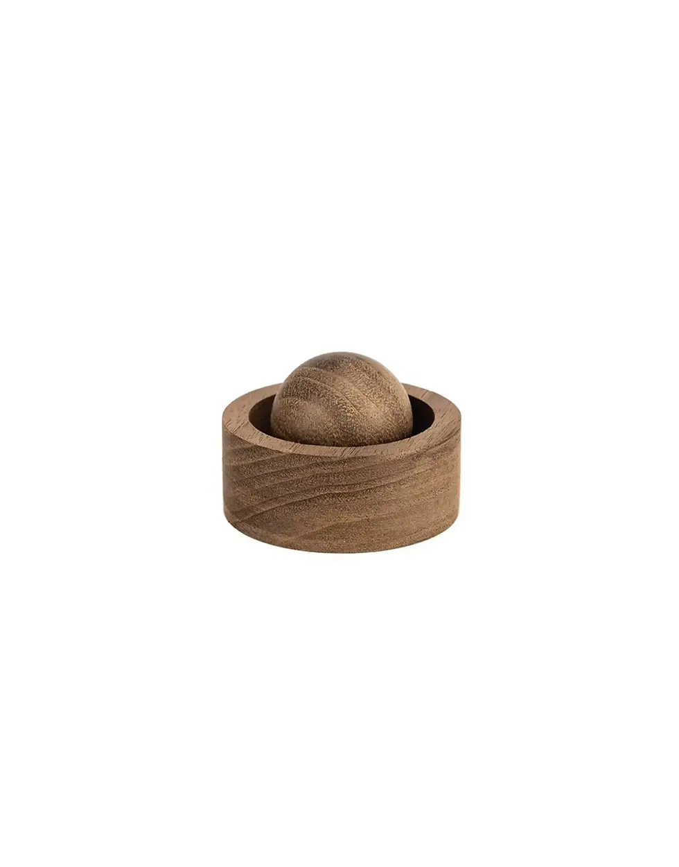 Wooden ball placed inside a wooden circular base, minimalistic design, isolated.