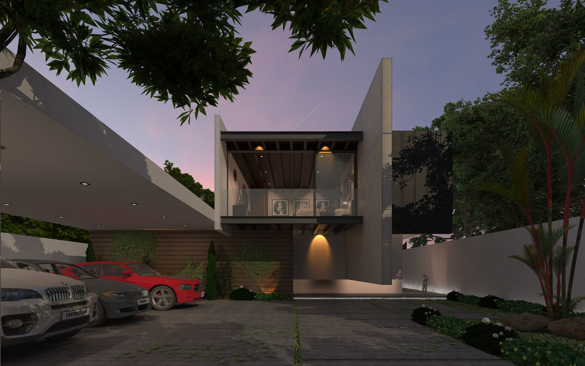 Fachada de Casa Allegra con volumen superior en voladizo y arquitectura contemporánea. Casa en Campeche. Arq Luis Jorge Pavón