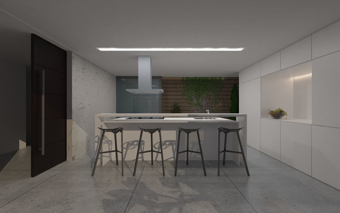 Cocina minimalista en Casa Allegra con isla central y materiales neutros