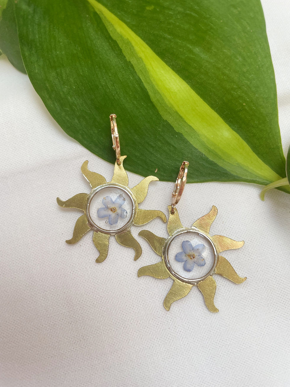 Handcut Sun and Local Forget Me Not Hoop Earrings