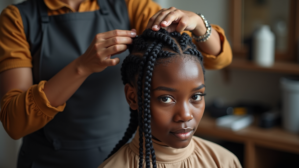 Eye-level view of a stylist braiding African hair with cornrows