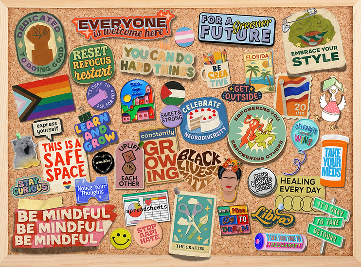 Cork board with pins and stickers that Emi relates to, to show a little more about her.