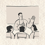 Faciliated workshops graphic, person speaking to a group of others.