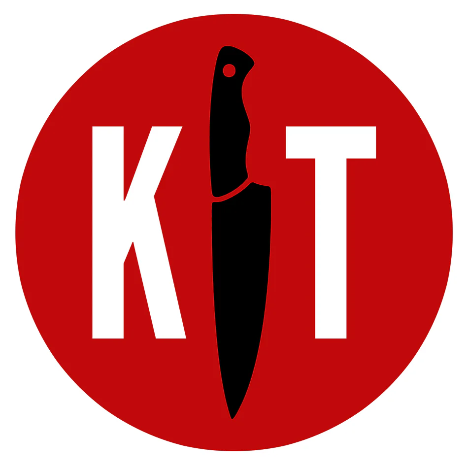 Red circle with white "K T" text. Black knife silhouette forms the "I" between letters. Bold, striking design.