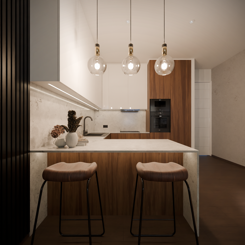 a kitchen with stools and a table with a vase of flowers on it