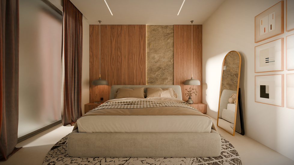 a bedroom with a large bed and a mirror