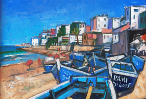 beach, sun fishing boats on shore, colourful