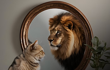 Cat looking in a mirror, a Lion looking back