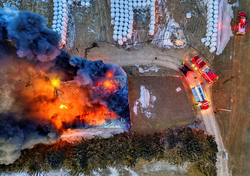 Birds eye view of warehouse fire