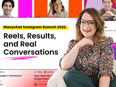 A white box with the words 'Manychat Instagram Summit 2025: Reels, Results, and Real Conversations". A woman sits to the right of the image with her hand under her chin.