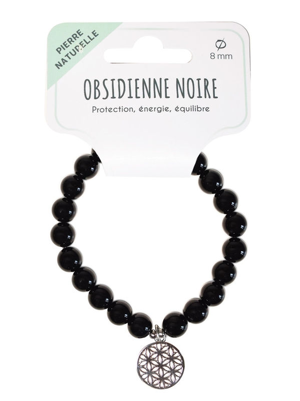 Claraline : Bracelet Obsidienne Noire Perles 8 mm et Fleur de Vie