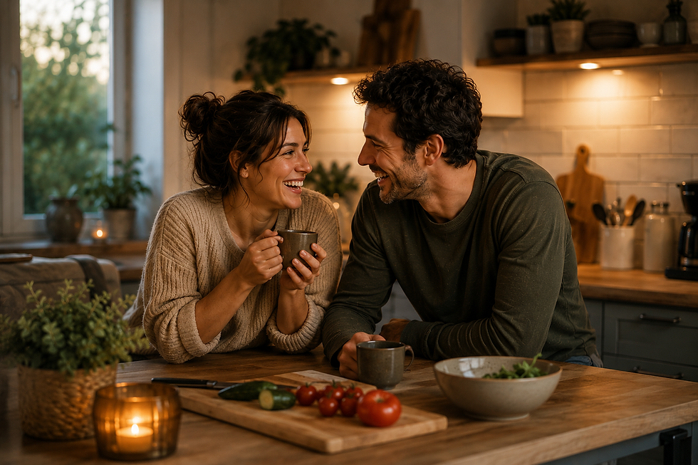 Un couple rit ensemble dans cuisine en partageant un moment spontané et complice, illustrant comment retrouver de la complicité dans son couple après une période dominée par la routine