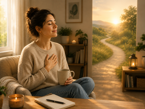Une femme calme assise près d'une fenêtre pose une main sur sa poitrine et respire paisiblement illustrant la construction d'un sentiment de sécurité intérieure malgré l'incertitude