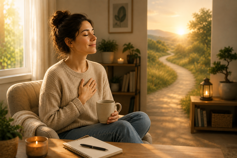 Une femme calme assise près d'une fenêtre pose une main sur sa poitrine et respire paisiblement illustrant la construction d'un sentiment de sécurité intérieure malgré l'incertitude