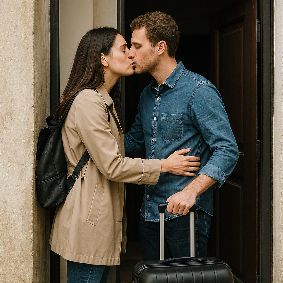 couple s'embrassant sur le seuil d'une porte avant de repartir chacun de son côté, illustrant une relation amoureuse où chacun observe son propre logement