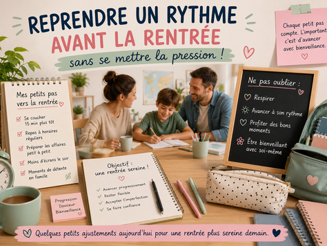 Famille préparent sereinement la rentrée en réorganisant progressivement ses habitudes et son quotidien après les vacances.