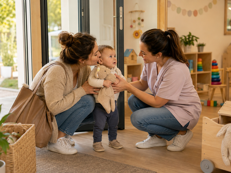 Une maman rassure son bébé devant l'entrée d'une crèche avant une première séparation, dans une ambiance chaleureuse et sécurisante.