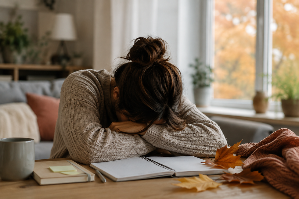 Une personne fatiguée assise chez elle au début de l'automne, une tasse chaude à la main et son agenda posé à proximité, illustrant la fatigue qui peut apparaître quelques semaines seulement après la rentrée !