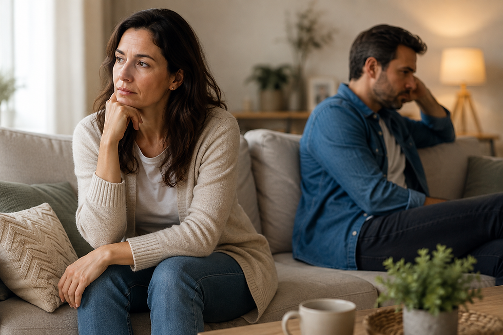 Un couple assis à distance sur un canapé, l'un des partenaires cherchant le contact tandis que l'autre reste en retrait, illustrant le sentiment de faire toujours le premier pas dans son couple.