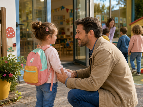 Un papa rassure sa petite fille devant l'entrée de son école maternelle avant sa première rentrée