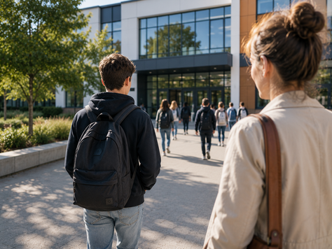 Adolescent entrant dans un lycée tandis que son parent l'accompagne discrètement, illustrant la confiance, l'autonomie et la transition vers le lycée.