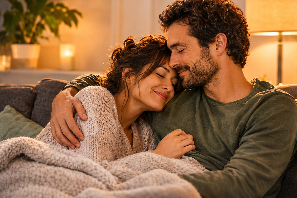 Un couple assis côte à côte sur un canapé se tient doucement la main et partage une regard tendre, illustrant comment retrouver de la tendresse et une proximité physique dans son couple sans pression.