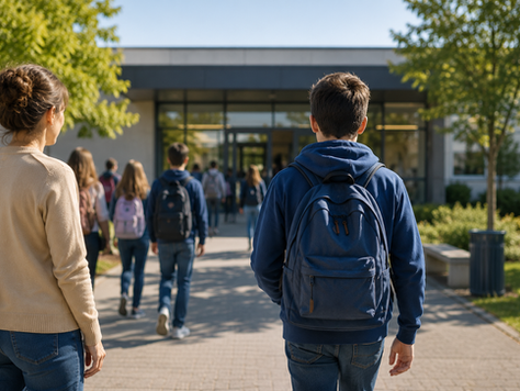 Adolescent entrant au collège accompagné par son parent avec un sac à dos, symbolisant une rentrée