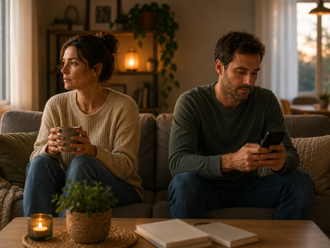 Un couple assis ensemble sur un canapé en début de soirée regarde chacun de son côté, l'un son téléphone et l'autre une tasse à la main, illustrant la distance émotionnelle qui peut s'installer lorsque les échanges deviennent essentiellement pratiques