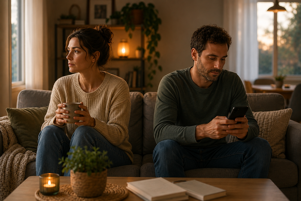 Un couple assis ensemble sur un canapé en début de soirée regarde chacun de son côté, l'un son téléphone et l'autre une tasse à la main, illustrant la distance émotionnelle qui peut s'installer lorsque les échanges deviennent essentiellement pratiques