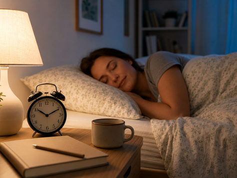 Une chambre apaisante avec une lumière douce, un réveil, un livre posé sur la table de nuit et une personne dormant paisiblement, symbolisant un sommeil réparateur avant la rentrée.