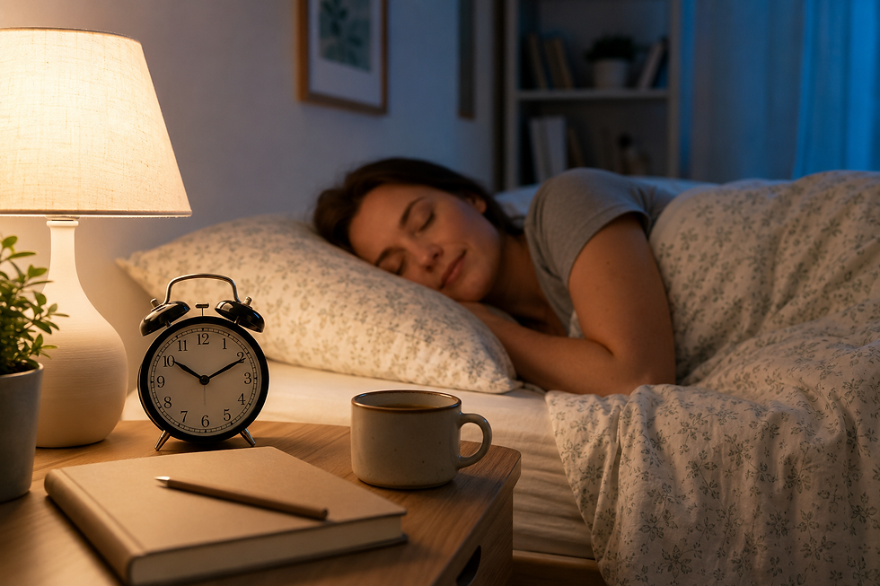 Une chambre apaisante avec une lumière douce, un réveil, un livre posé sur la table de nuit et une personne dormant paisiblement, symbolisant un sommeil réparateur avant la rentrée.