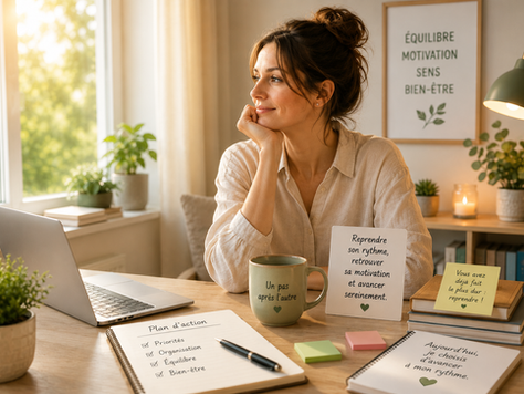 Une femme reprend sereinement son travail dans un bureau lumineux après les vacances, illustrant la transition professionnelle, la motivation retrouvée et le bien-être au travail.