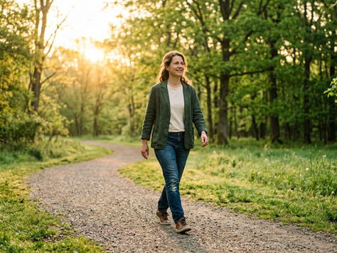 Une femme adulte marche seule dans un parc lumineux, dan une attitude calme et sereine. Cette scène symbolise le chemin pour sortir de la dépendance affective, retrouver confiance en soi, apprendre à poser ses limites et développer une plus grande autonomie émotionnelle