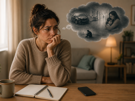 Une femme regarde son téléphone avec inquiétude alors que tout est calme autour d'elle, illustrant la tendance à imaginer le pire et à créer des scénarios catastrophiques malgré l'absence de danger immédiat.