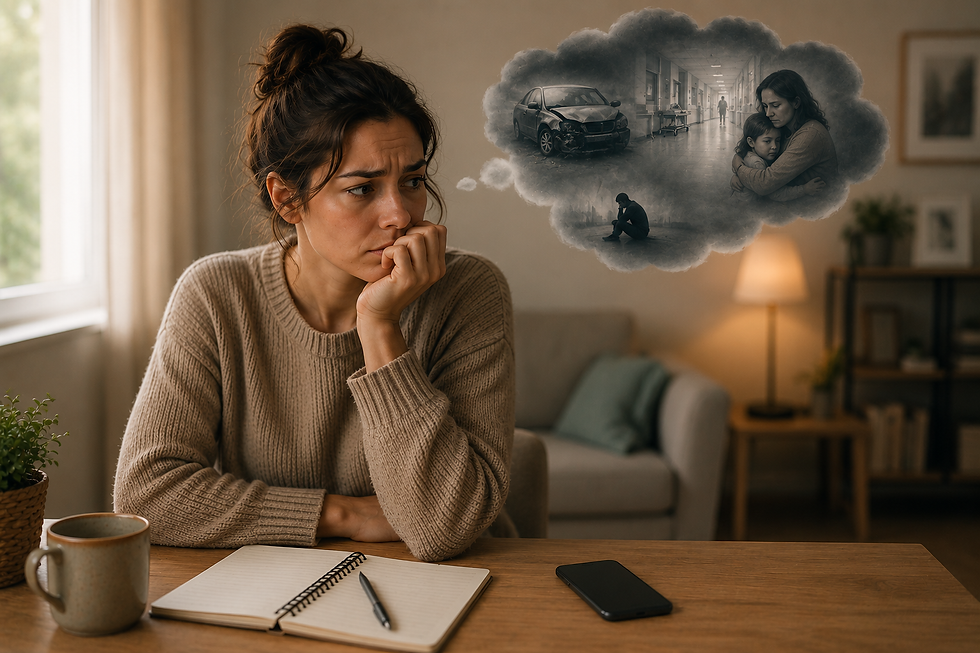 Une femme regarde son téléphone avec inquiétude alors que tout est calme autour d'elle, illustrant la tendance à imaginer le pire et à créer des scénarios catastrophiques malgré l'absence de danger immédiat.