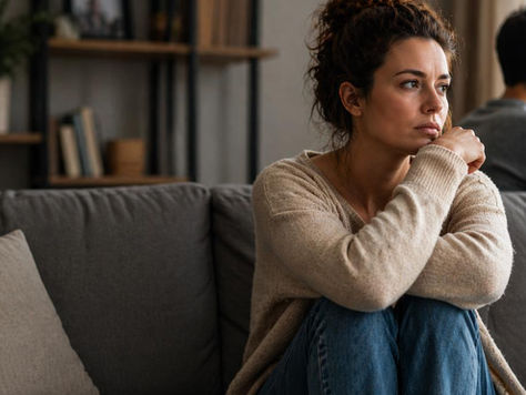 Une femme adulte est assise près d'une fenêtre pensive, tandis que son partenaire apparaît en arrière-plan. Cette scène évoque l'insécurité émotionnelle, la peur de l'abandon et les difficultés à préserver son autonomie dans une relation de dépendance affective.