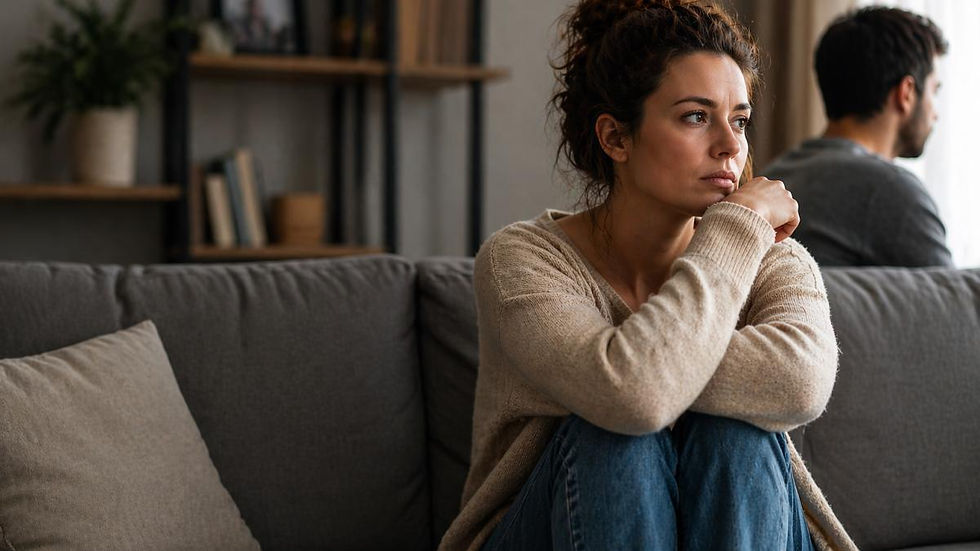 Une femme adulte est assise près d'une fenêtre, pensive, tandis que son partenaire apparaît en arrière-plan. Cette scène évoque l'insécurité émotionnelle, la peur de l'abandon et les difficultés à préserver son autonomie dans une relation de dépendance affective.
