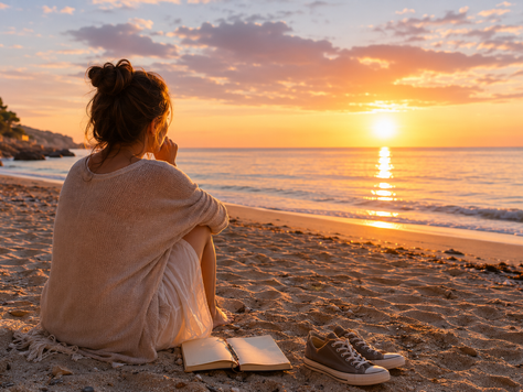 Femme assise seule sur une plage au lever du soleil, contemplant la mer après la fin d'une histoire d'amour de vacances.